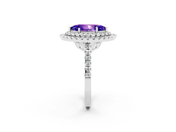 White gold Double Halo Marquise Cut Tanzanite Pavé Band with Four-Prong Setting