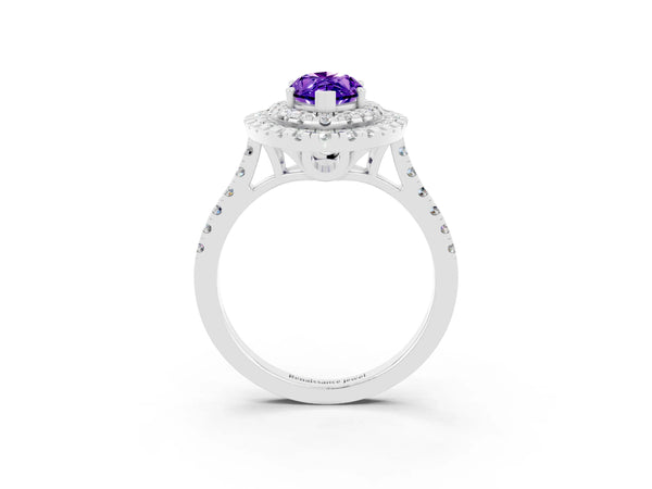 Silver Double Halo Marquise Cut Tanzanite Pavé Band with Four-Prong Setting