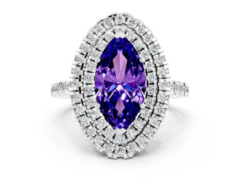White gold Double Halo Marquise Cut Tanzanite Pavé Band with Four-Prong Setting