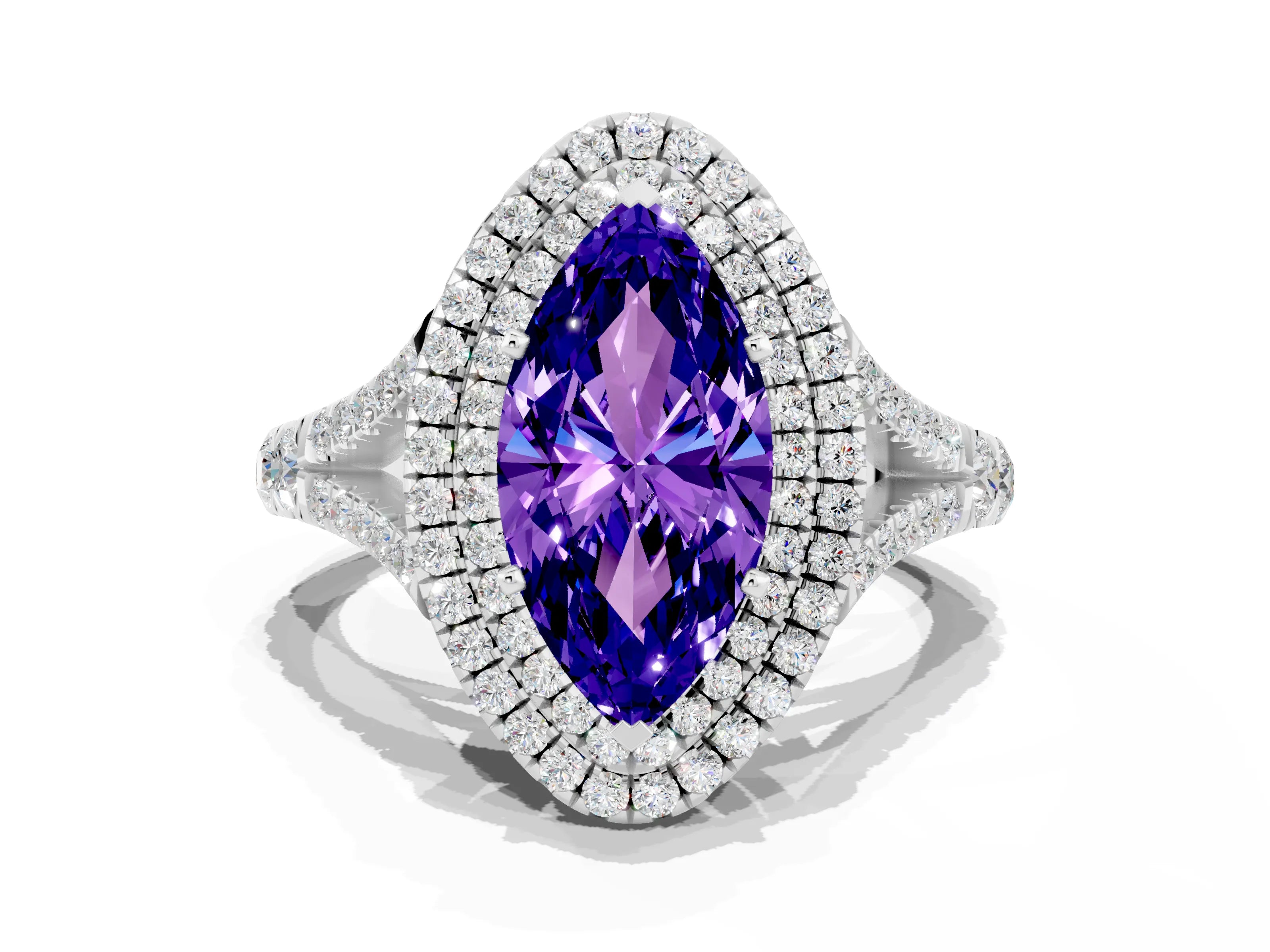 White gold Double Halo Marquise Cut Tanzanite Pavé Split Shank Ring with Prong Setting