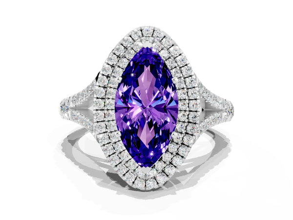Platinum Double Halo Marquise Cut Tanzanite Pavé Split Shank Ring with Prong Setting