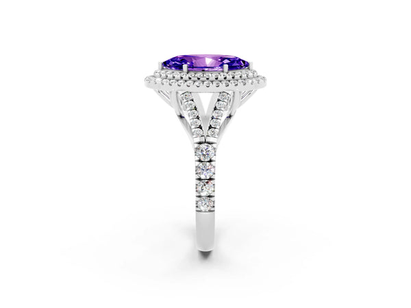 White gold Double Halo Marquise Cut Tanzanite Pavé Split Shank Ring with Prong Setting
