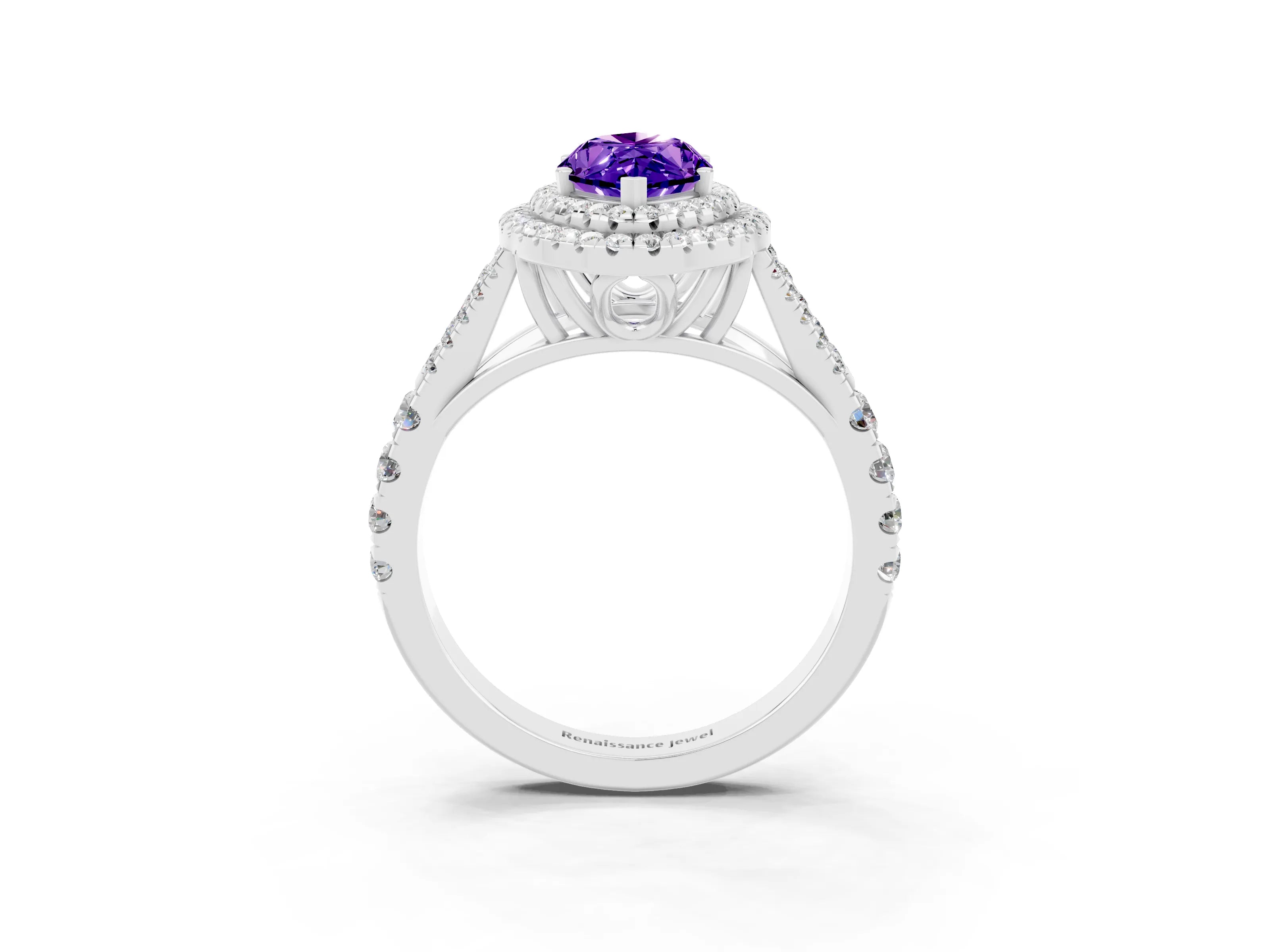 White gold Double Halo Marquise Cut Tanzanite Pavé Split Shank Ring with Prong Setting_3