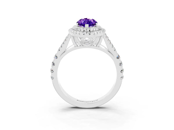 Silver Double Halo Marquise Cut Tanzanite Pavé Split Shank Ring with Prong Setting