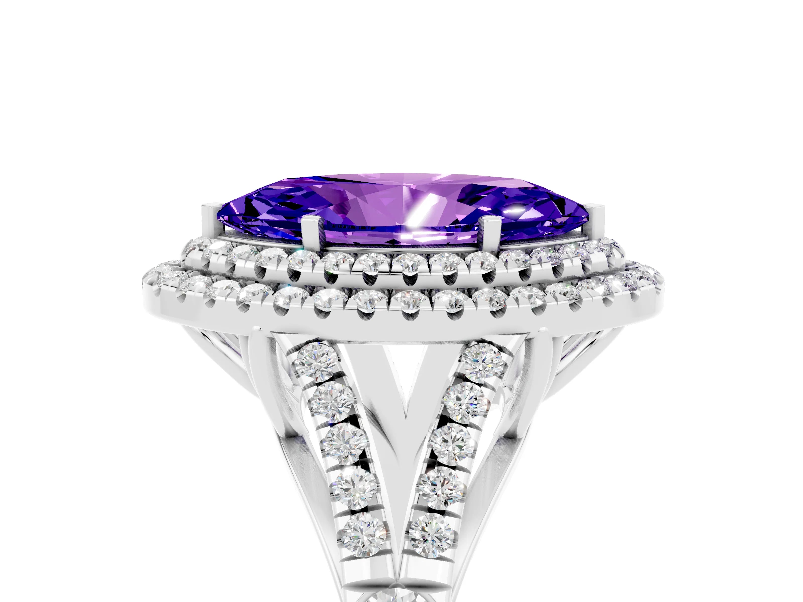White gold Double Halo Marquise Cut Tanzanite Pavé Split Shank Ring with Prong Setting_5