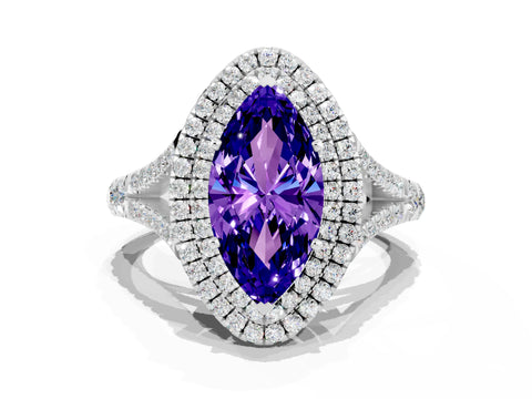 White gold Double Halo Marquise Cut Tanzanite Pavé Split Shank Ring with Prong Setting