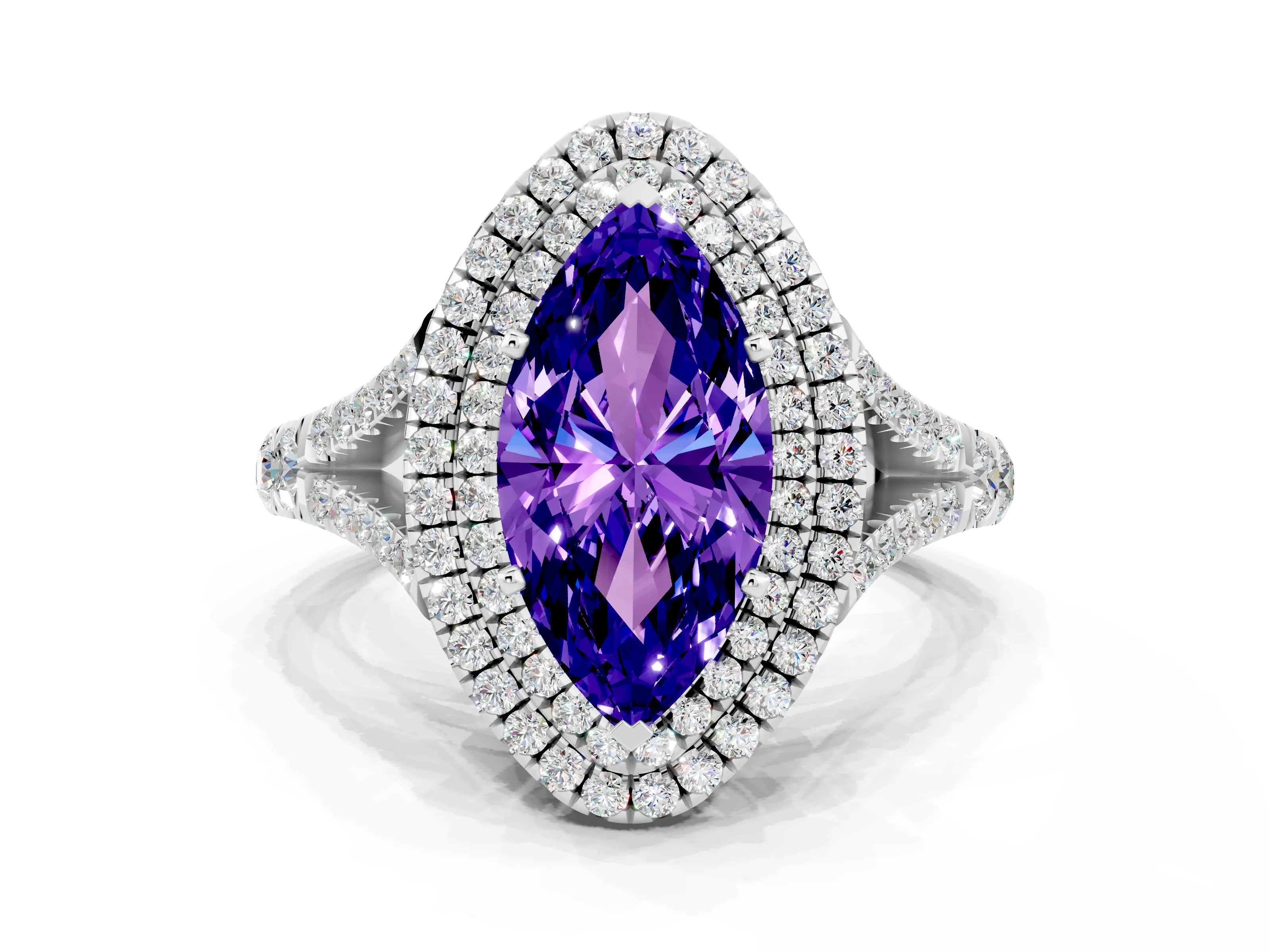 White gold Double Halo Marquise Cut Tanzanite Split Shank Engagement Ring with Four-Prong Setting