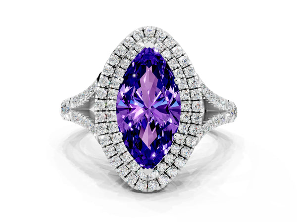 Platinum Double Halo Marquise Cut Tanzanite Split Shank Engagement Ring with Four-Prong Setting
