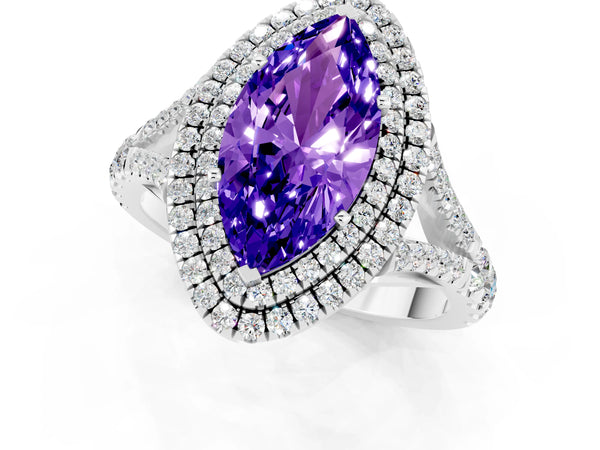 Silver Double Halo Marquise Cut Tanzanite Split Shank Engagement Ring with Four-Prong Setting