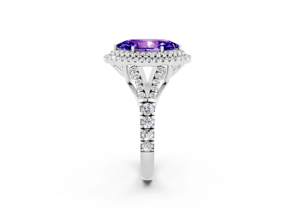 Platinum Double Halo Marquise Cut Tanzanite Split Shank Engagement Ring with Four-Prong Setting