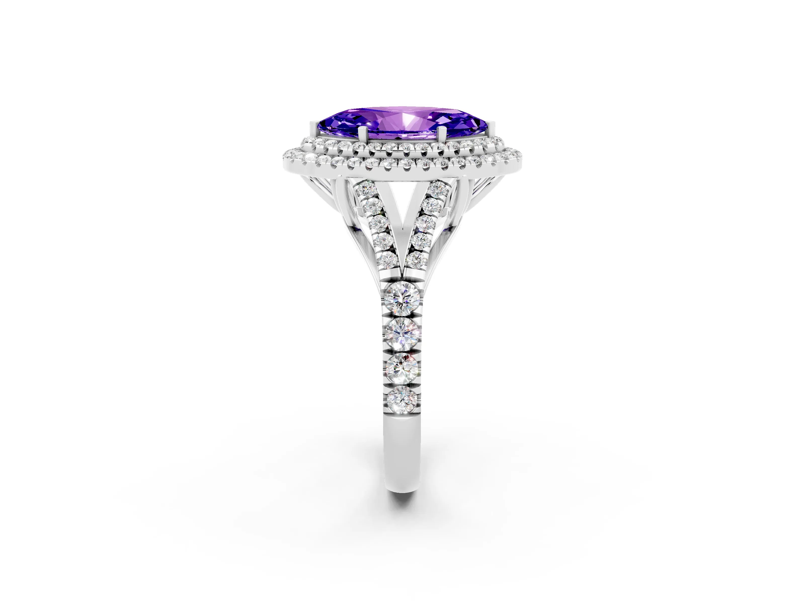 White gold Double Halo Marquise Cut Tanzanite Split Shank Engagement Ring with Four-Prong Setting_2