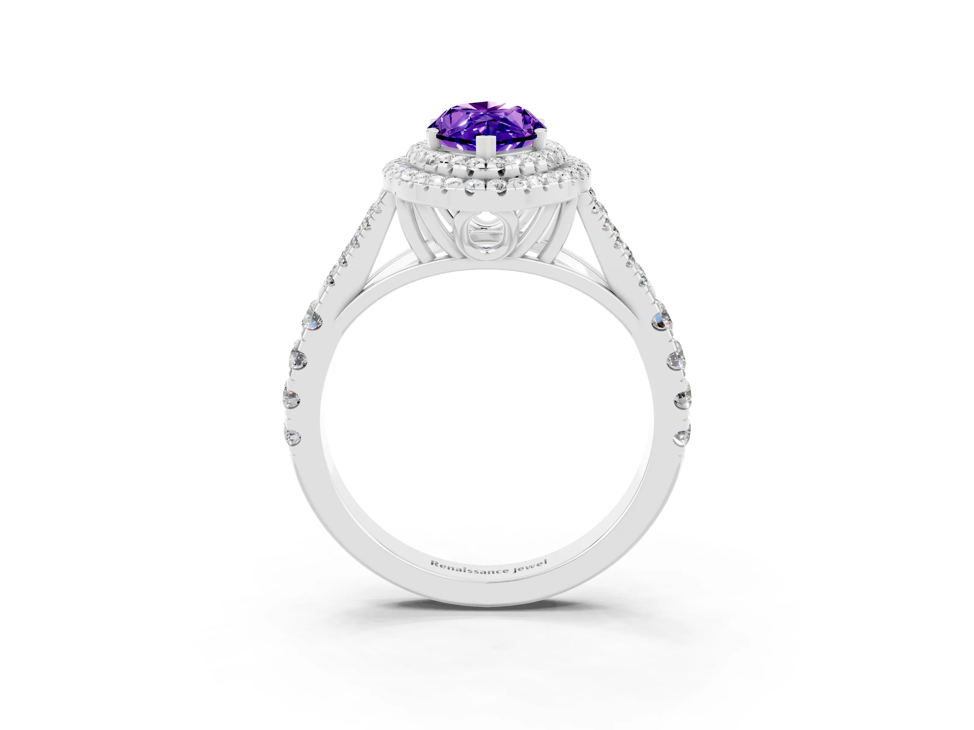 White gold Double Halo Marquise Cut Tanzanite Split Shank Engagement Ring with Four-Prong Setting_3
