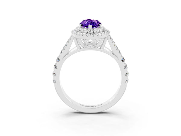 Silver Double Halo Marquise Cut Tanzanite Split Shank Engagement Ring with Four-Prong Setting