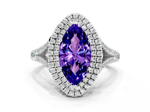White gold Double Halo Marquise Cut Tanzanite Split Shank Engagement Ring with Four-Prong Setting