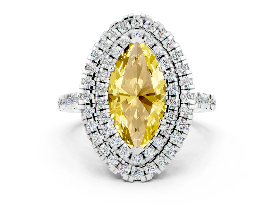 White gold Double Halo Marquise Cut Yellow Sapphire Pavé Band with Four-Prong Setting_24