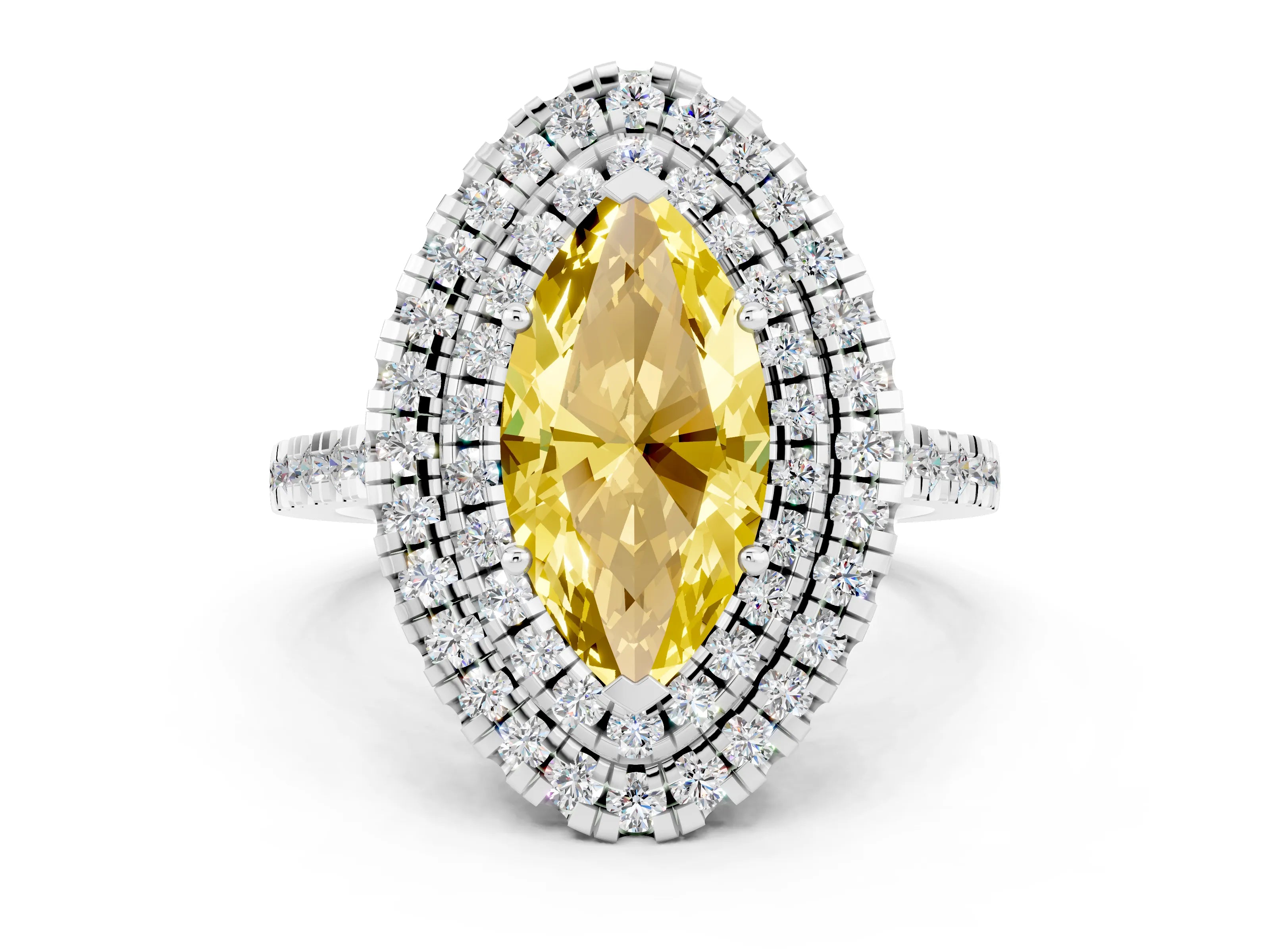 White gold Double Halo Marquise Cut Yellow Sapphire Pavé Band with Four-Prong Setting_24