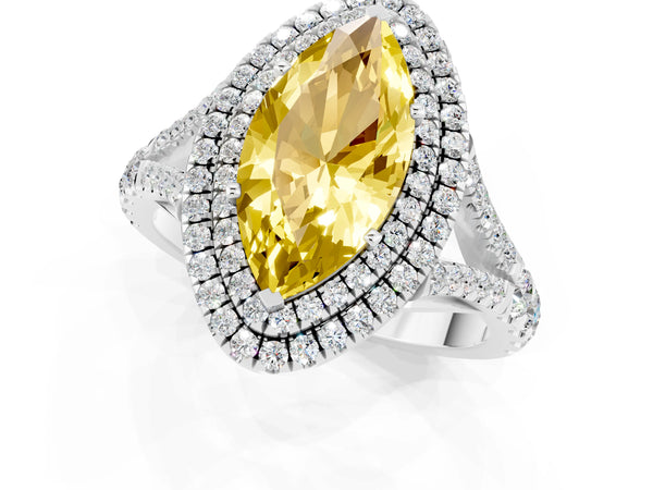 Platinum Double Halo Marquise Cut Yellow Sapphire Pavé Split Shank Ring with Prong Setting