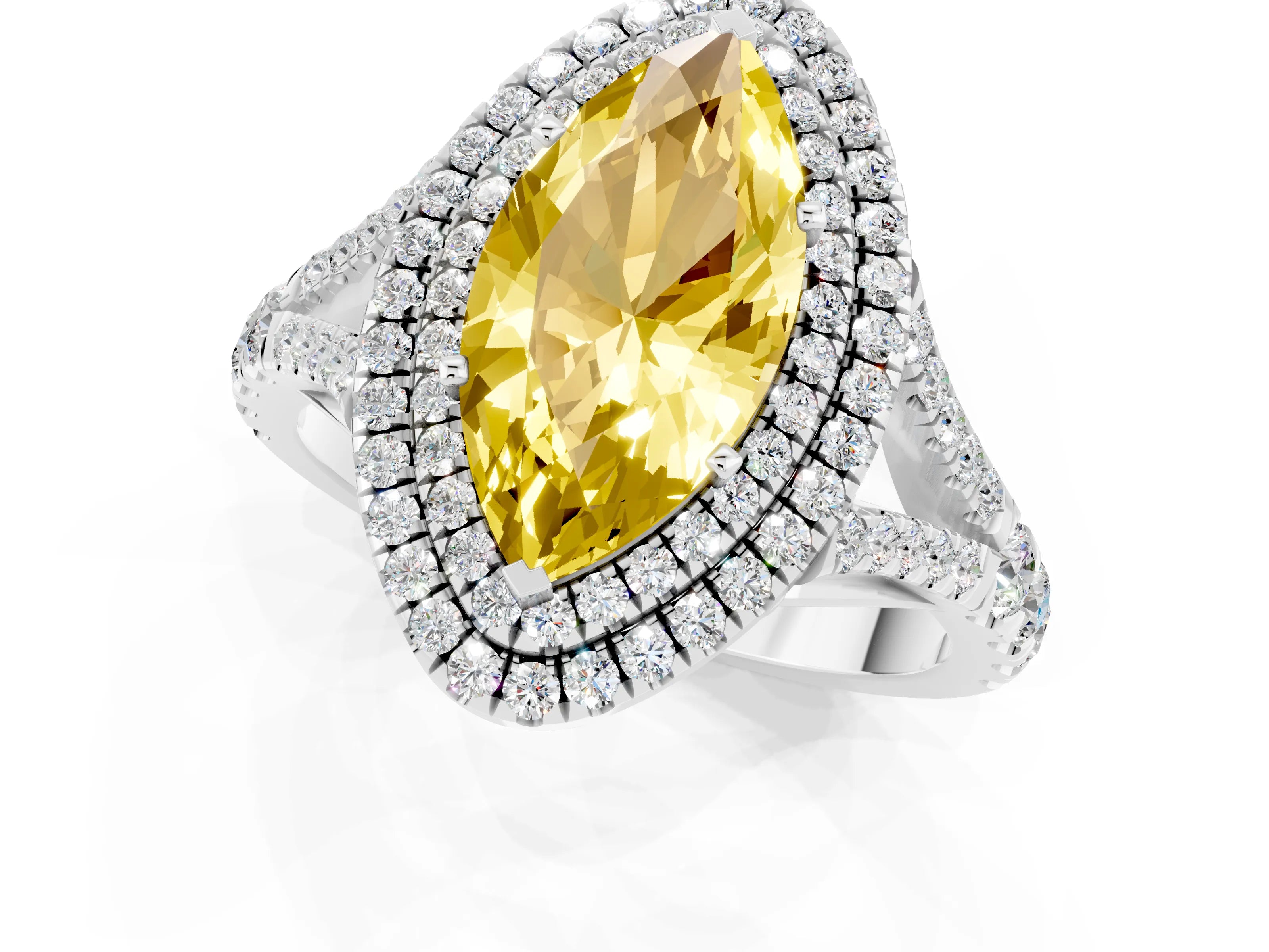 White gold Double Halo Marquise Cut Yellow Sapphire Pavé Split Shank Ring with Prong Setting_1