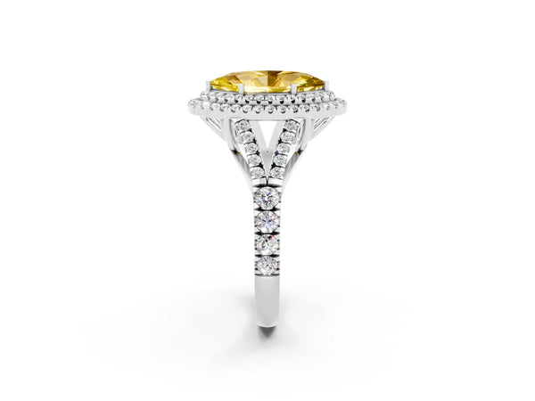 Platinum Double Halo Marquise Cut Yellow Sapphire Pavé Split Shank Ring with Prong Setting