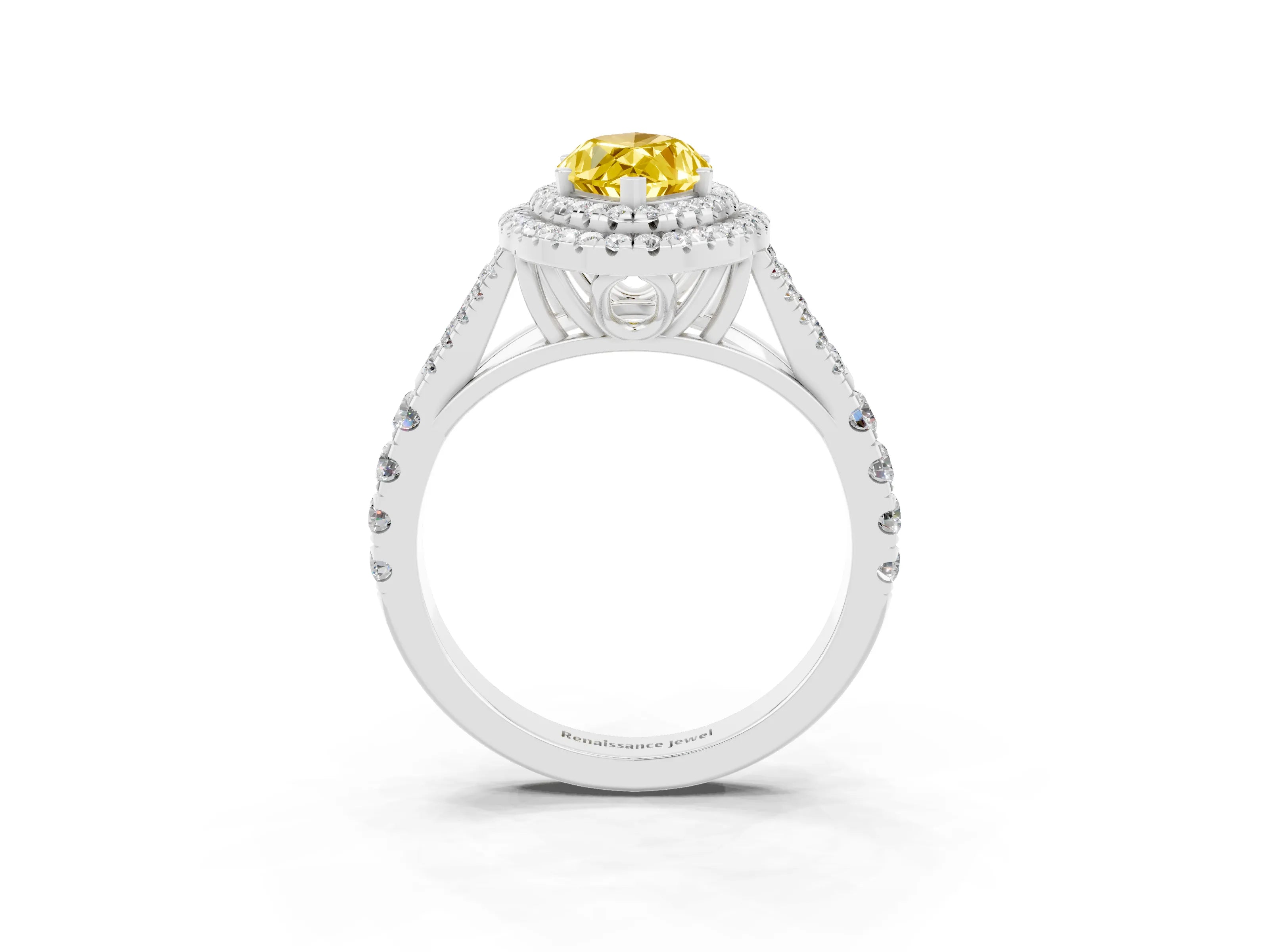 White gold Double Halo Marquise Cut Yellow Sapphire Pavé Split Shank Ring with Prong Setting_3