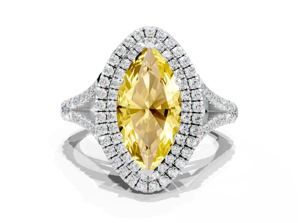 Silver Double Halo Marquise Cut Yellow Sapphire Pavé Split Shank Ring with Prong Setting