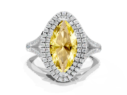 White gold Double Halo Marquise Cut Yellow Sapphire Pavé Split Shank Ring with Prong Setting
