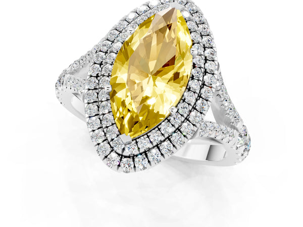 White gold Double Halo Marquise Cut Yellow Sapphire Split Shank Engagement Ring with Four-Prong Setting