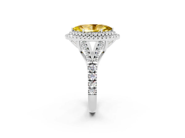 White gold Double Halo Marquise Cut Yellow Sapphire Split Shank Engagement Ring with Four-Prong Setting