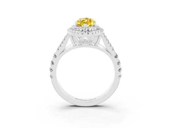 White gold Double Halo Marquise Cut Yellow Sapphire Split Shank Engagement Ring with Four-Prong Setting