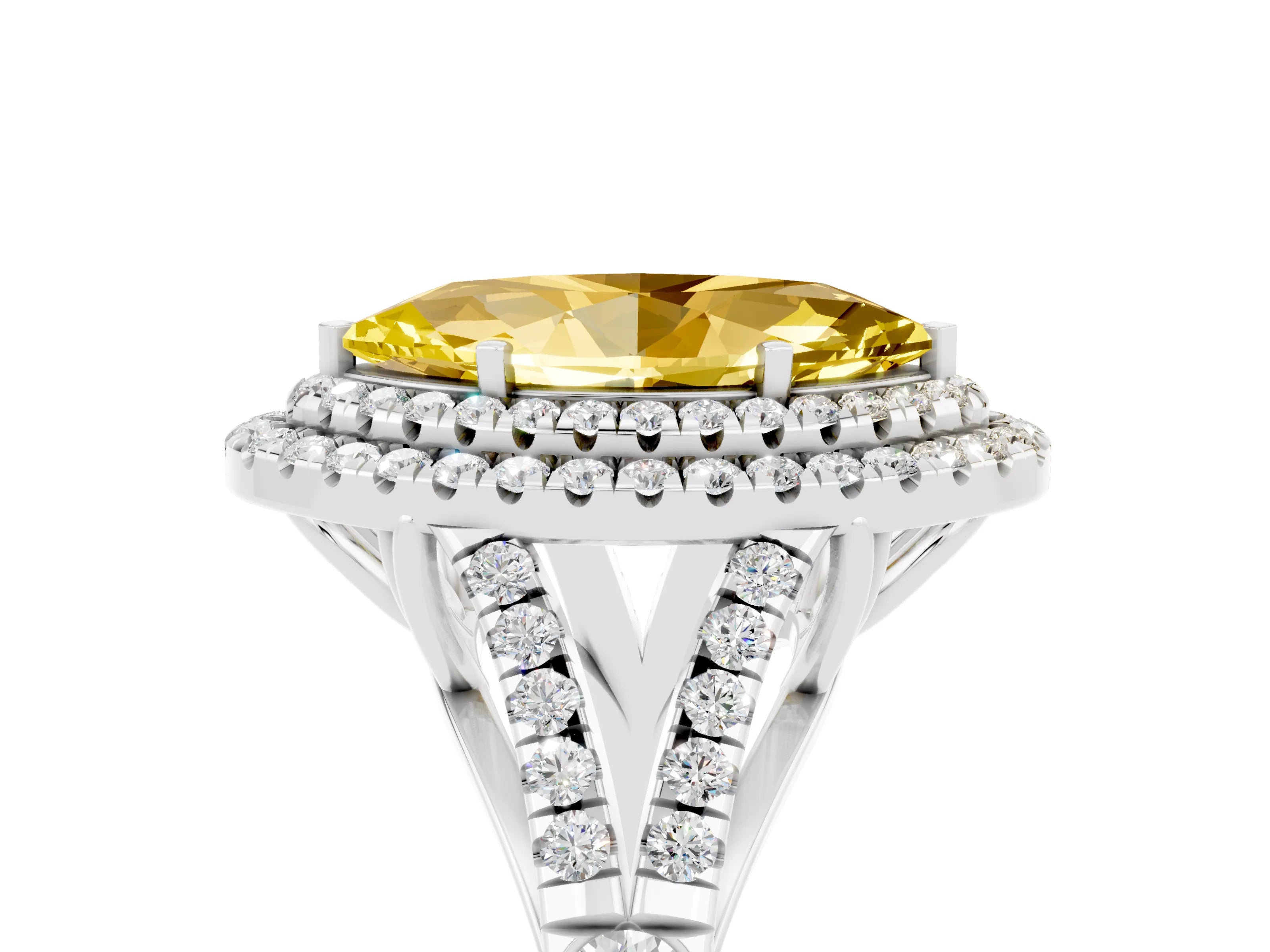 White gold Double Halo Marquise Cut Yellow Sapphire Split Shank Engagement Ring with Four-Prong Setting_5
