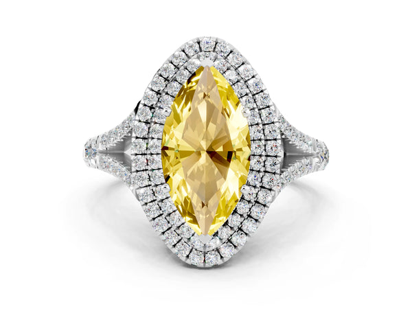 Silver Double Halo Marquise Cut Yellow Sapphire Split Shank Engagement Ring with Four-Prong Setting