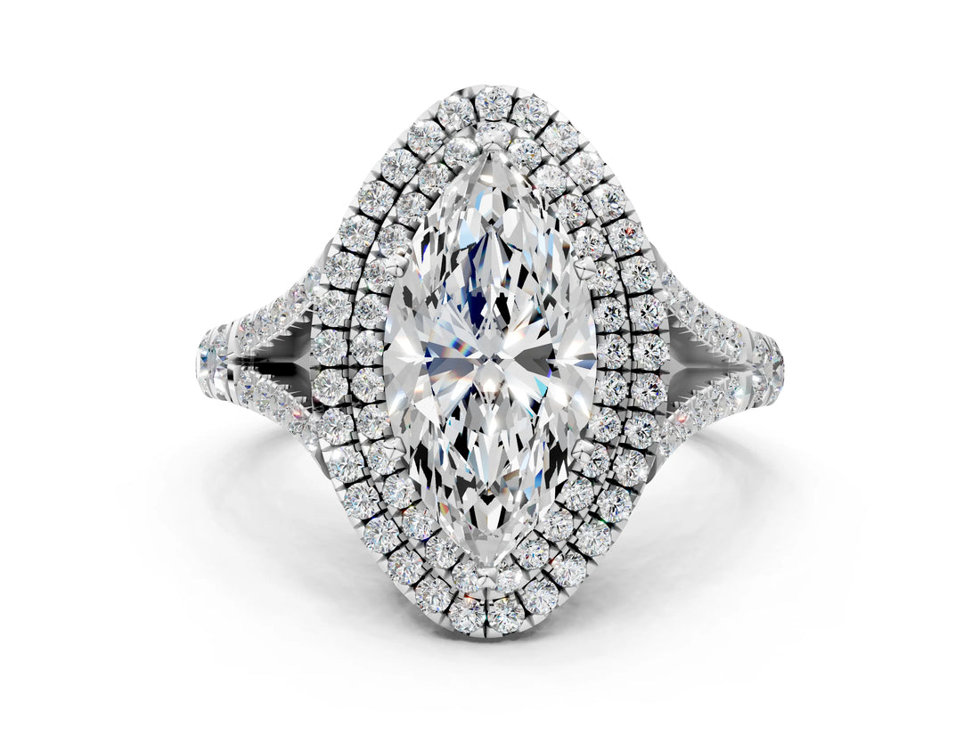 White gold Double Halo Marquise-Shaped Split Shank Diamond Ring with Prong Setting_20