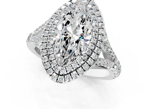 White gold Marquise Cut Diamond Double Halo Ring with Split Shank and Prong Setting
