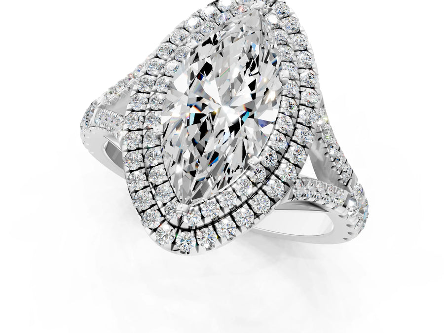 White gold Marquise Cut Diamond Double Halo Ring with Split Shank and Prong Setting
