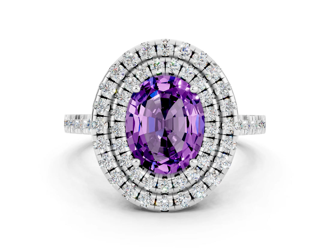 White gold Double Halo Oval Cut Amethyst Pavé Band with Four-Prong Setting