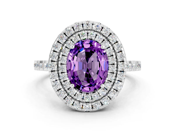 Platinum Double Halo Oval Cut Amethyst Pavé Band with Four-Prong Setting