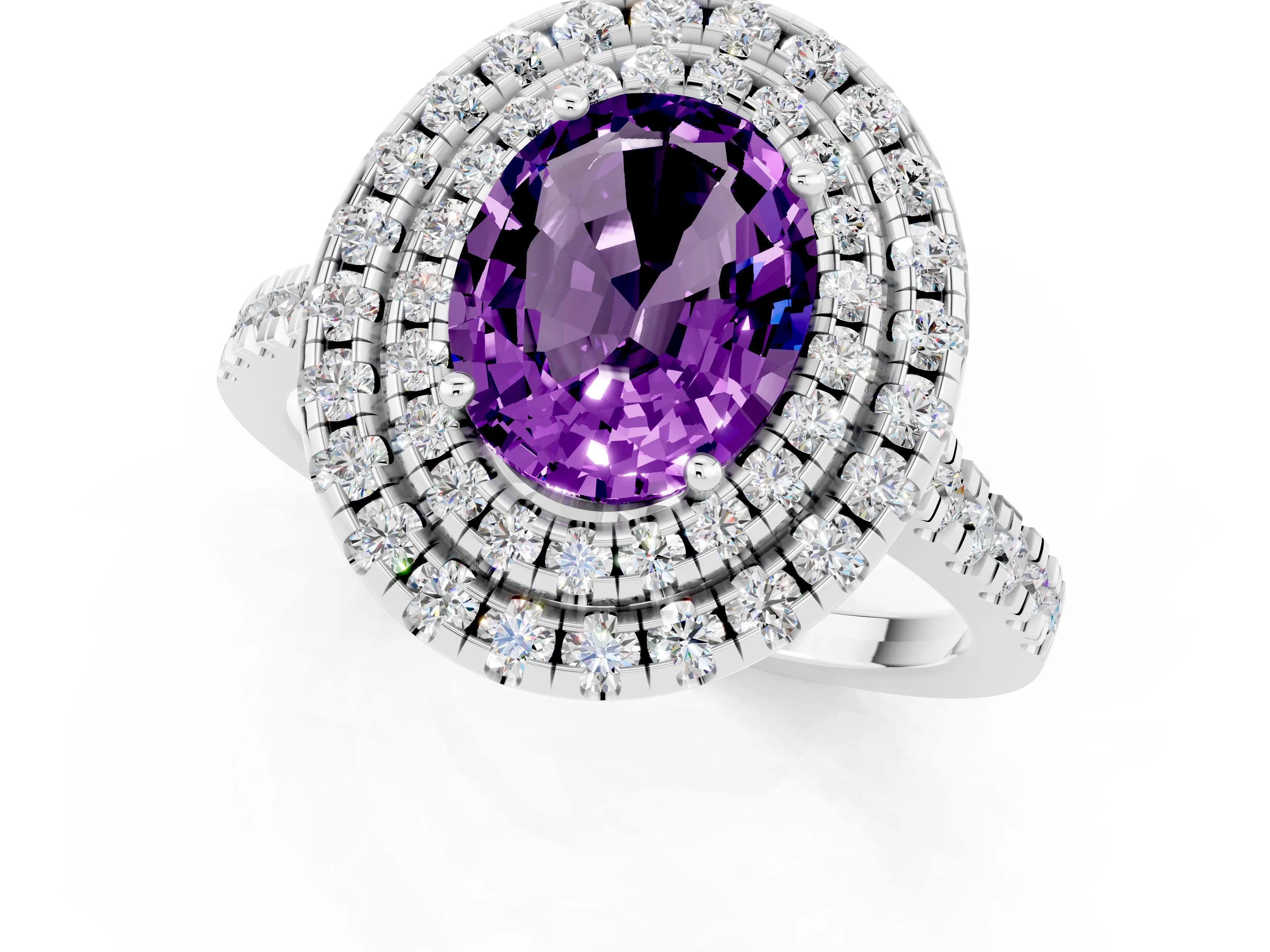 White gold Double Halo Oval Cut Amethyst Pavé Band with Four-Prong Setting_1