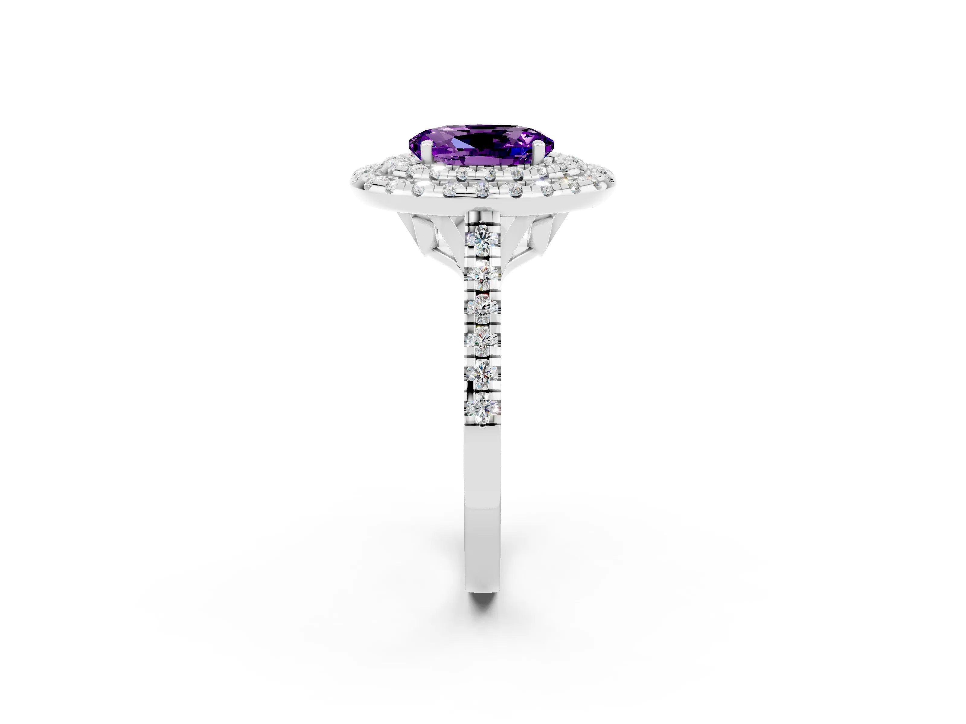White gold Double Halo Oval Cut Amethyst Pavé Band with Four-Prong Setting_2