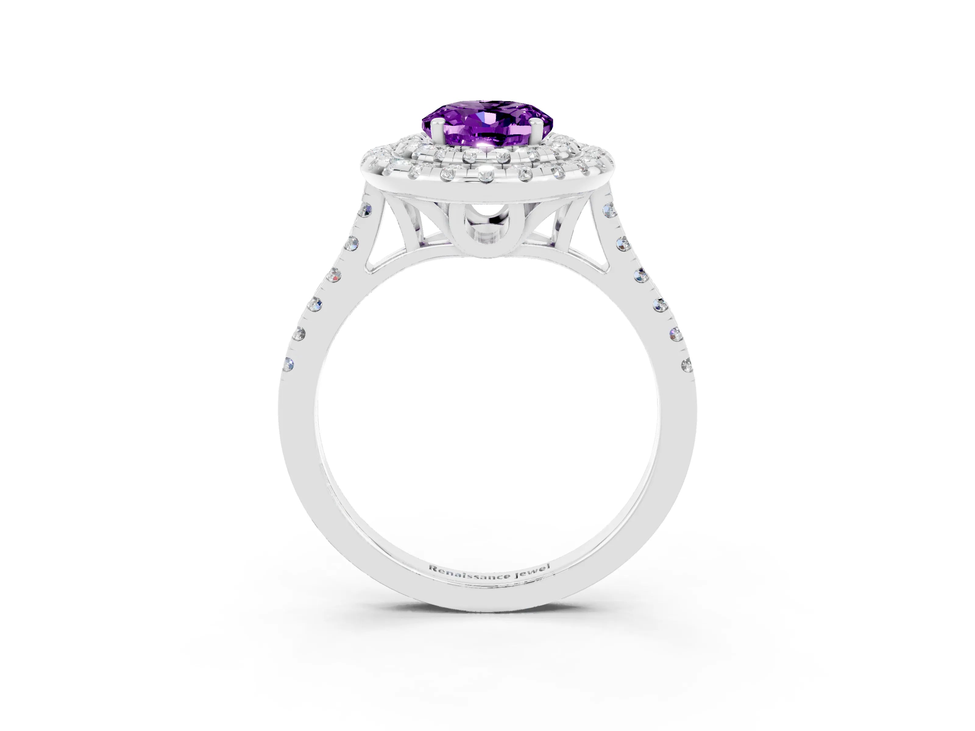 White gold Double Halo Oval Cut Amethyst Pavé Band with Four-Prong Setting_3