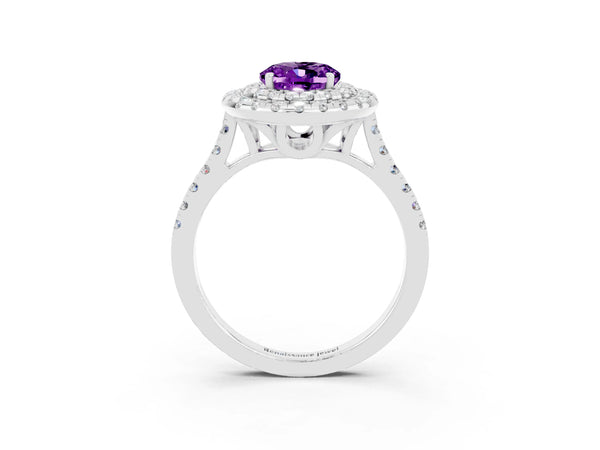 Platinum Double Halo Oval Cut Amethyst Pavé Band with Four-Prong Setting
