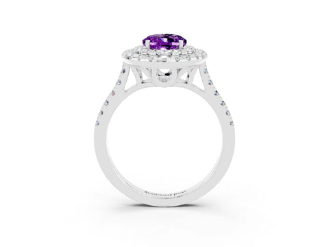 White gold Double Halo Oval Cut Amethyst Pavé Band with Four-Prong Setting_3