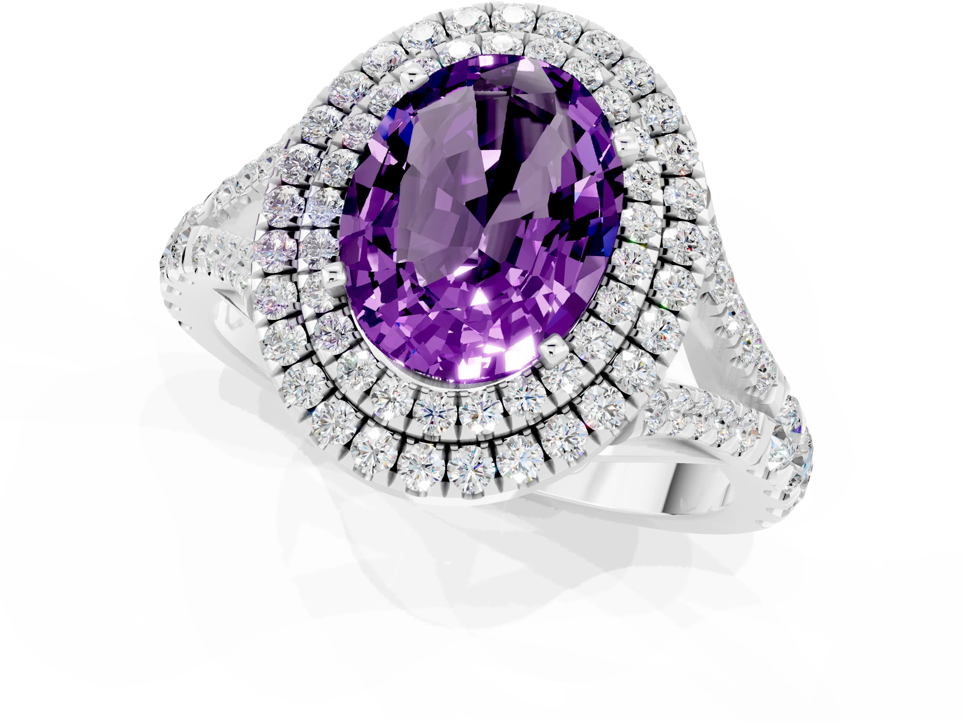 White gold Double Halo Oval Cut Amethyst Pavé Split Shank Ring with Prong Setting_1