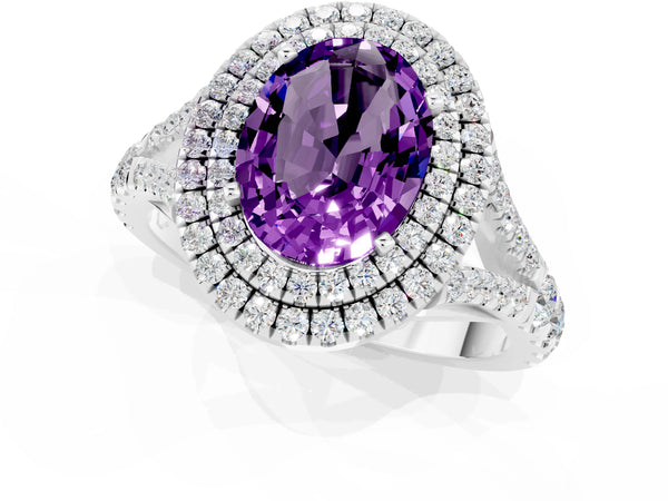 White gold Double Halo Oval Cut Amethyst Pavé Split Shank Ring with Prong Setting