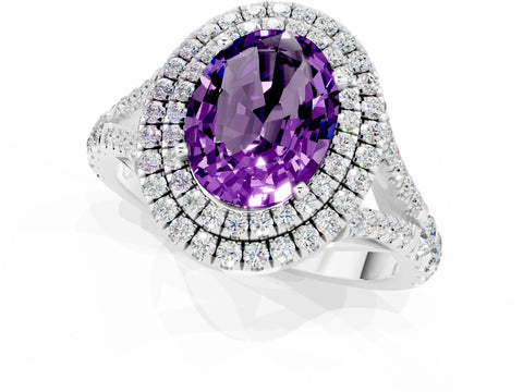 White gold Double Halo Oval Cut Amethyst Pavé Split Shank Ring with Prong Setting_1