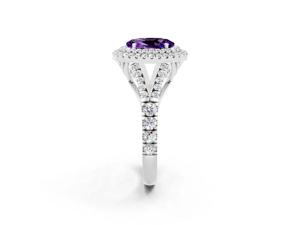 Platinum Double Halo Oval Cut Amethyst Pavé Split Shank Ring with Prong Setting