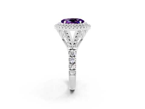 White gold Double Halo Oval Cut Amethyst Pavé Split Shank Ring with Prong Setting_2