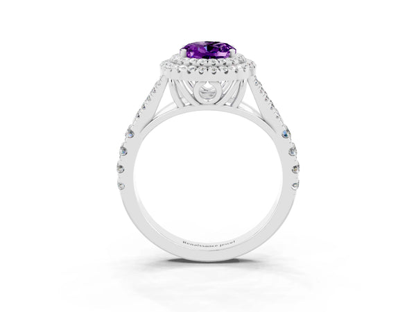 Silver Double Halo Oval Cut Amethyst Pavé Split Shank Ring with Prong Setting