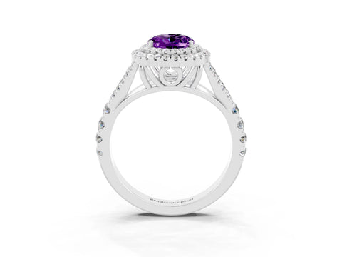 White gold Double Halo Oval Cut Amethyst Pavé Split Shank Ring with Prong Setting_3