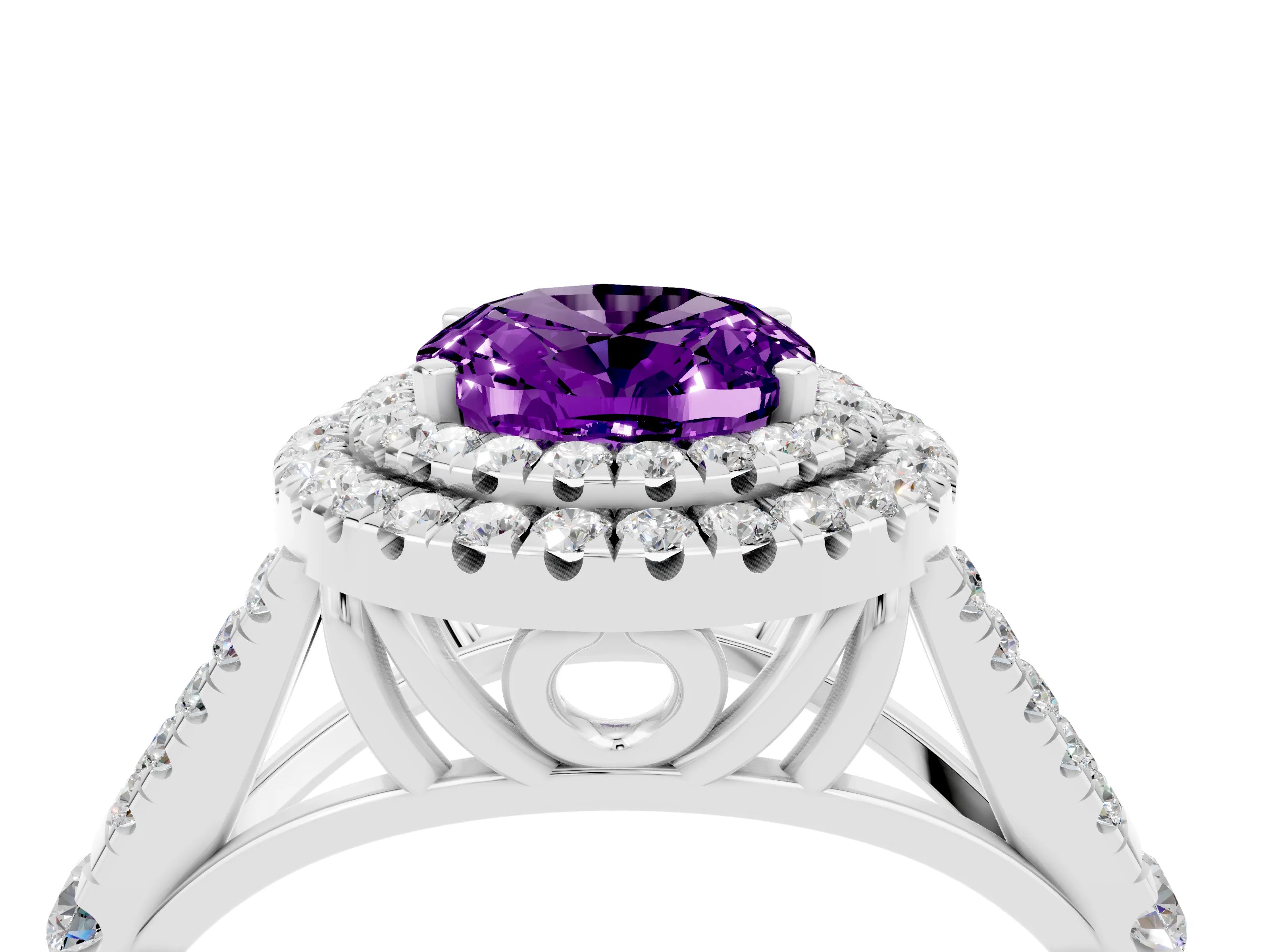 White gold Double Halo Oval Cut Amethyst Pavé Split Shank Ring with Prong Setting_4
