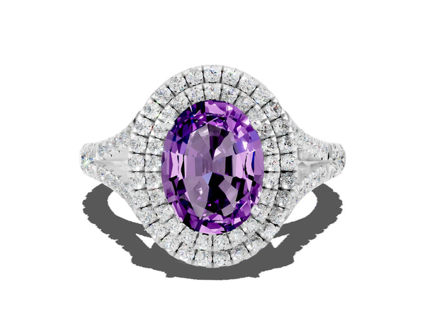 Silver Double Halo Oval Cut Amethyst Pavé Split Shank Ring with Prong Setting